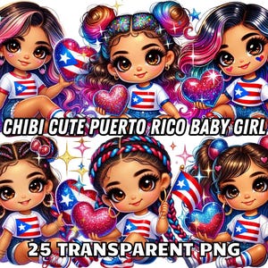 May include: Digital clipart of six cute cartoon baby girls with colorful hair, wearing white shirts with the Puerto Rican flag, holding red glitter hearts and a Puerto Rican flag. The text "CHIBI CUTE PUERTO RICO BABY GIRL" and "25 TRANSPARENT PNG" are at the bottom of the image.