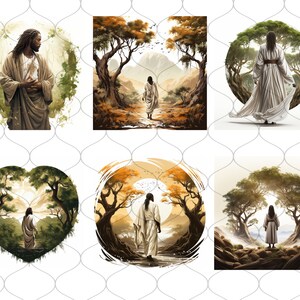 Op de afbeelding: Zes digitale kunstprints met een persoon in een witte robe die door een bos loopt. De prints zijn in een collage-indeling met een witte achtergrond.