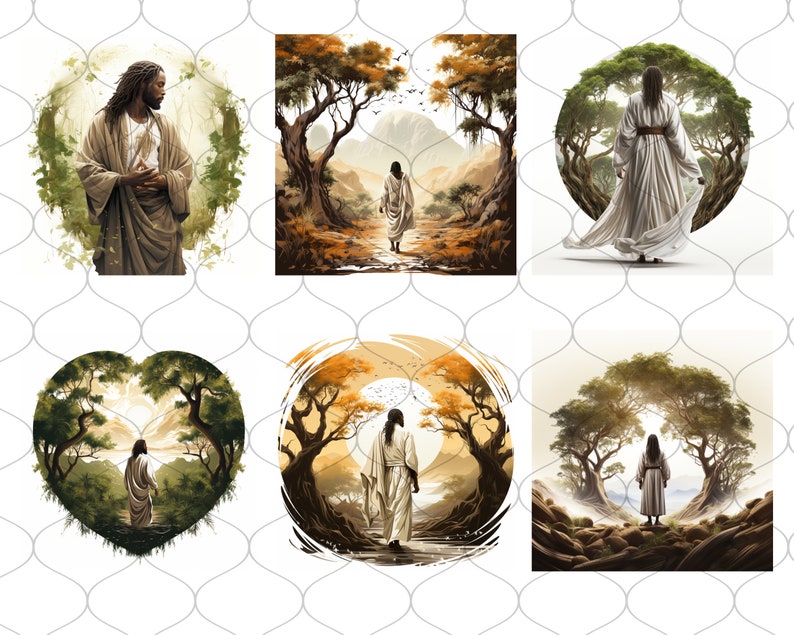 Op de afbeelding: Zes digitale kunstprints met een persoon in een witte robe die door een bos loopt. De prints zijn in een collage-indeling met een witte achtergrond.