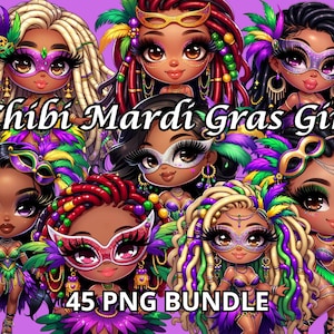 Chibi Mardi Gras Girl, 45 Png, Mardi Gras Png, Mardi Gras Clipart, Melanin Queen Png, Black Women Clipart, Black Girl Magic Png, Black Queen Png