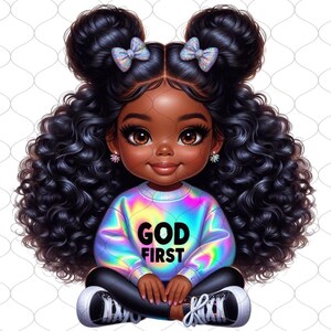May include: A digital illustration of a young Black girl with long curly black hair styled in two buns with blue bows. She is wearing a iridescent blue sweater with the words "God First" printed on the front, black leggings, and black and white sneakers.