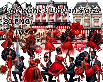 Valentine's Day in Paris, 80 PNG, Valentines Day Clipart, Valentines Girl Png, Valentines Clipart, Valentine's Day Png, Black Couple Clipart