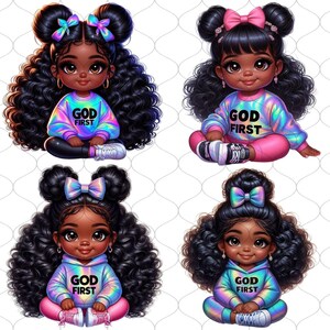 May include: Four digital illustrations of Black girls with curly hair wearing iridescent sweatshirts with the text "God First" printed on them. Each girl has a different hairstyle with bows.