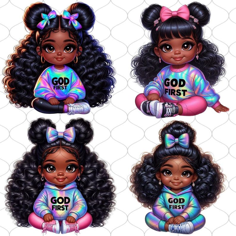 May include: Four digital illustrations of Black girls with curly hair wearing iridescent sweatshirts with the text "God First" printed on them. Each girl has a different hairstyle with bows.