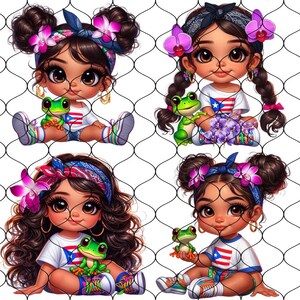 May include: Four illustrations of girls with brown hair wearing white shirts with the Puerto Rican flag printed on them. Each girl is holding a green frog and wearing a headband with pink flowers.