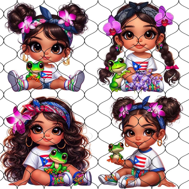 May include: Four illustrations of girls with brown hair wearing white shirts with the Puerto Rican flag printed on them. Each girl is holding a green frog and wearing a headband with pink flowers.