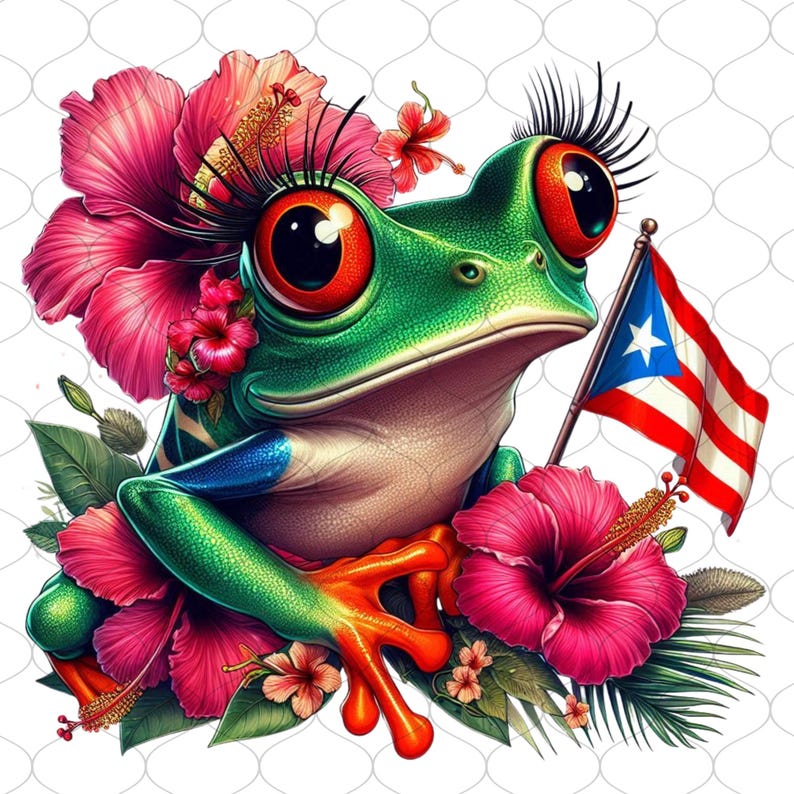 May include: A whimsical illustration of a green frog with large red eyes and long eyelashes, surrounded by pink hibiscus flowers and green leaves. The frog holds a small Puerto Rican flag, with a white star on a blue triangle and red and white stripes.