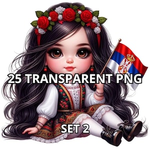 May include: A cartoon girl with long black hair wearing a traditional Serbian folk costume and holding a Serbian flag. She is sitting with her legs crossed and wearing black shoes. The text "25 TRANSPARENT PNG SET 2" is visible in the image.