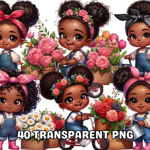 40 Chibi Cute Black Baby Girl Png, Piccola ragazza nera Clipart, Ragazza nera Clipart, Primavera ragazza nera Png, Giardiniere ragazza nera Png, Ragazza nera Png