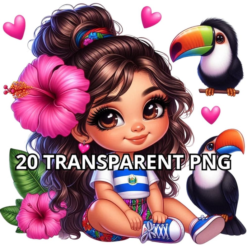 Puede incluir: Una ilustraci&oacute;n de dibujos animados de una ni&ntilde;a con cabello casta&ntilde;o que lleva una camisa a rayas azul y blanca con la bandera de El Salvador. Est&aacute; sentada con las piernas cruzadas y lleva zapatillas azules. Tiene una flor de hibisco rosa en el pelo y est&aacute; rodeada de corazones rosas y dos tucanes.
