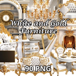White and Gold Furniture, 90 PNG, Furniture Clipart, Home Clipart, Living Room Clipart, Sofa Clipart, Armchair Clipart, Home Decor Clipart