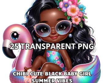 25 Chibi Cute Black Baby Girl Summer Vibes, Black Girl Clipart, Little Black Girl Clipart, Black Girl Png, Afro Girl Png, Chibi Girl Png
