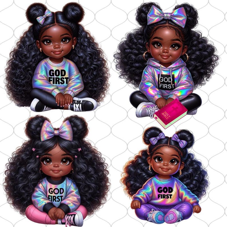 May include: Four digital illustrations of Black girls with curly hair wearing iridescent sweatshirts with the text "God First" and bows in their hair. Two of the girls are holding a pink book with the text "Holy Bible".