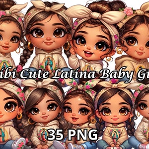 May include: A set of 35 digital illustrations of cute Latina baby girls with brown hair, brown eyes, and wearing white hoodies with a religious image. The girls are wearing colorful headbands with flowers and braids. The text "Chibí Cute Latina Baby Girl" is at the bottom of the image.