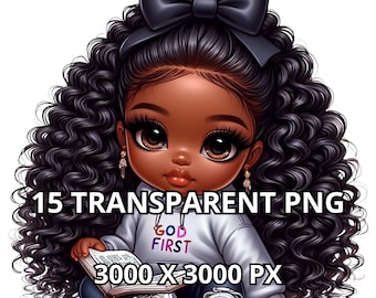 GOD FIRST, Chibi Cute Black Baby Girl Png, 15 PNG, Black Girl Clipart, Little Black Girl Clipart, Black Girl Png, Chibi Girl Png, Chibi Doll