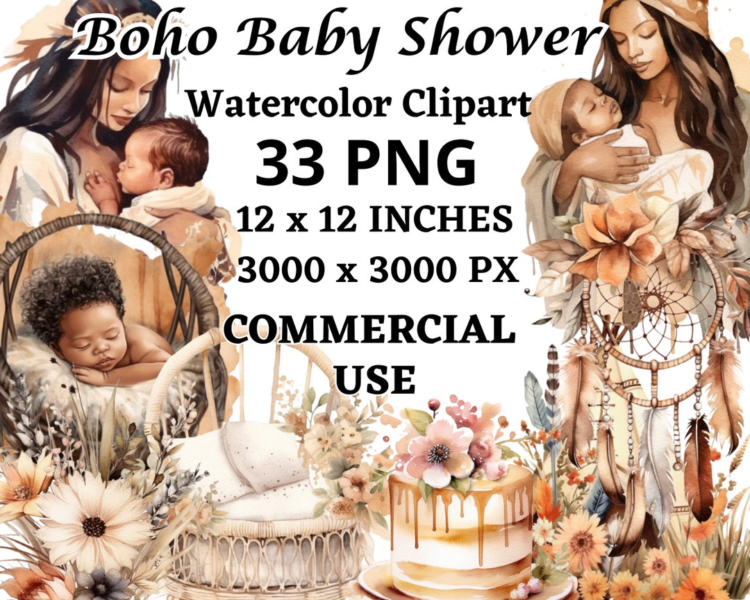 Boho Watercolor Baby Shower Clipart, 33 PNG, Black Baby Girl Clipart ...
