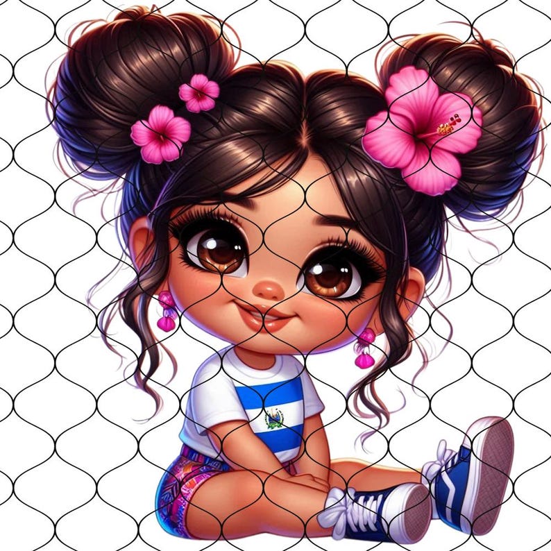 Puede incluir: Una ilustraci&oacute;n de dibujos animados de una ni&ntilde;a con cabello casta&ntilde;o en dos mo&ntilde;os, vistiendo una camisa blanca con un patr&oacute;n de rayas azules y blancas y una bandera azul y blanca en el frente, pantalones cortos rosas y flores rosas en el cabello. Lleva aretes rosas y zapatillas azules y blancas.