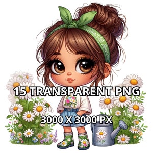 Chibi Cute Baby Girl Gardener, 15 Png, Primavera Png, Margaridas Png, Latina Princess Clipart, Hispanic Girl Png,Chibi Girl Clipart,Chibi Girl Png