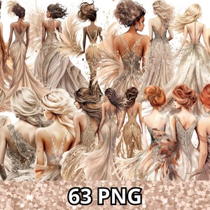 63 ベージュとゴールドのフェザー ドレス、グラム ガール PNG、ファッション ガール PNG、ファッション PNG、ファッショニスタ クリップアート、ラグジュアリー PNG、水彩ファッション クリップアート