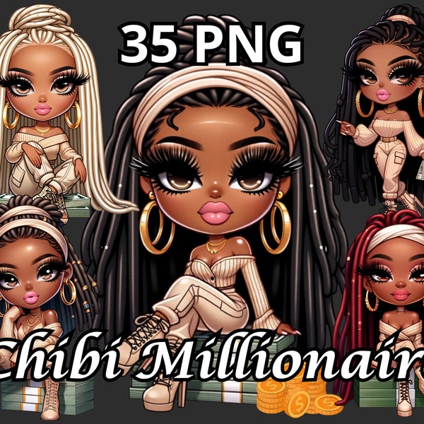 Chibi Millionaire, 35 PNG, Millionaire Mindset Png, Black Girl Magic Png, Chibi African American Woman, Chibi Style Woman Clipart,Afro Queen
