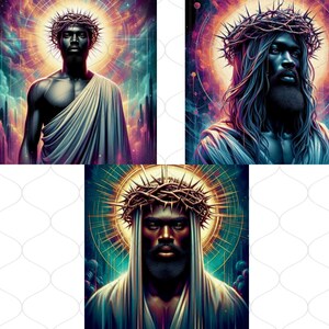 May include: Three digital art prints of a Black man with a crown of thorns, each with a different background. The first print has a purple and blue background with a halo of light. The second print has a red and orange background with a halo of light. The third print has a green and blue background with a halo of light.