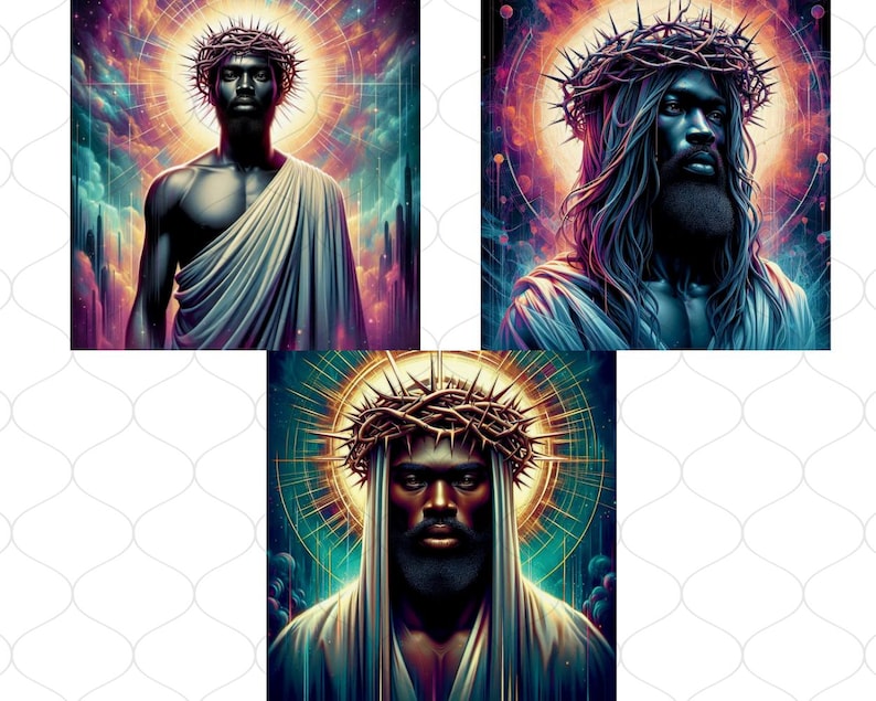 May include: Three digital art prints of a Black man with a crown of thorns, each with a different background. The first print has a purple and blue background with a halo of light. The second print has a red and orange background with a halo of light. The third print has a green and blue background with a halo of light.