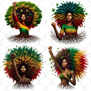 K&ouml;nnte beinhalten: Vier digitale Kunstillustrationen von Frauen mit baumartigen K&ouml;rpern und lebendigem, farbenfrohem Haar. Jede Figur ist mit Bl&auml;ttern und Cannabispflanzen geschm&uuml;ckt, und ihre Kleidung weist die Farben der Rastafari-Flagge auf. Sie erheben die Faust als Zeichen der Solidarit&auml;t.