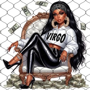 May include: A woman wearing a white hoodie with the word "VIRGO" on it, black leather pants, and high heels sits on a gold chair surrounded by stacks of money. The image is overlaid with a black chain link fence.