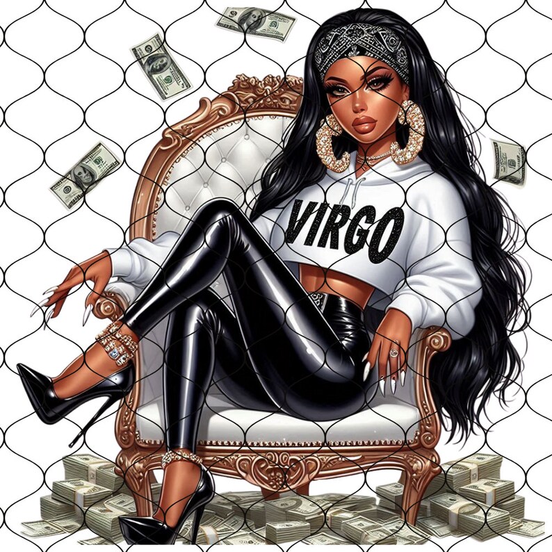 May include: A woman wearing a white hoodie with the word "VIRGO" on it, black leather pants, and high heels sits on a gold chair surrounded by stacks of money. The image is overlaid with a black chain link fence.