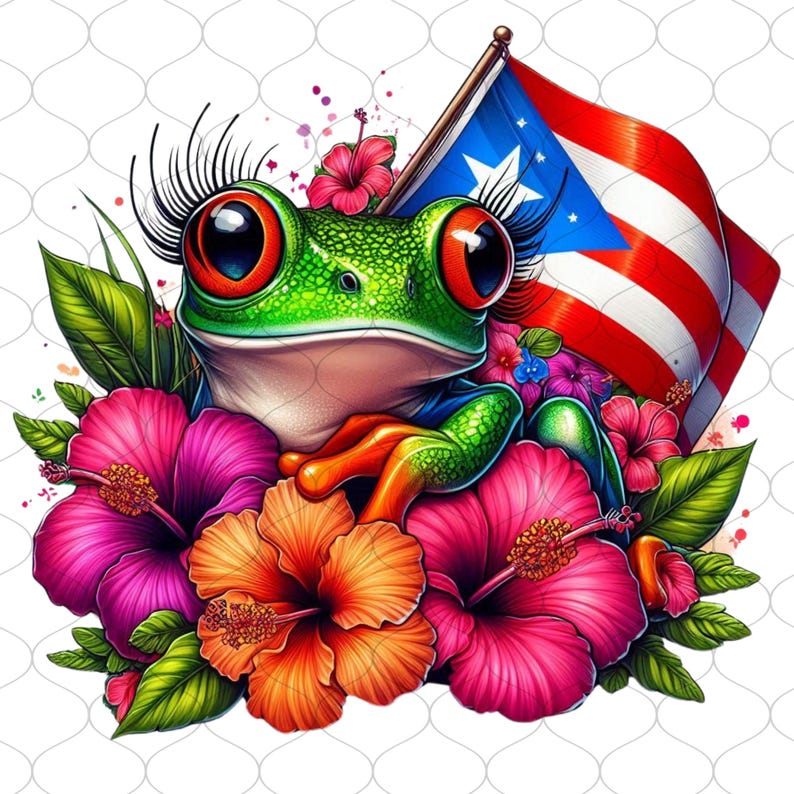 May include: A whimsical illustration of a green frog with large red eyes and long eyelashes, surrounded by vibrant pink and orange hibiscus flowers and green leaves. A Puerto Rican flag is positioned behind the frog.
