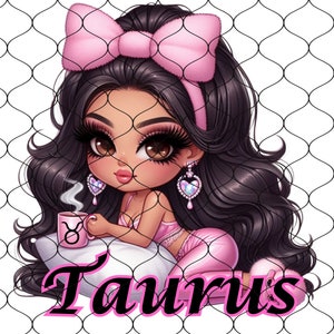 Pu&ograve; includere: Un'illustrazione di un segno zodiacale Toro con un fiocco rosa nei capelli, che indossa un abito rosa e tiene una tazza fumante con il simbolo del Toro. Lo sfondo &egrave; un motivo a rete bianca.