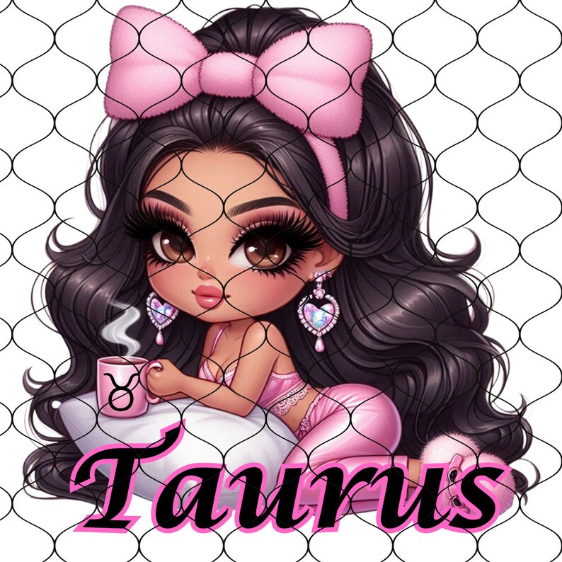 Pu&ograve; includere: Un'illustrazione di un segno zodiacale Toro con un fiocco rosa nei capelli, che indossa un abito rosa e tiene una tazza fumante con il simbolo del Toro. Lo sfondo &egrave; un motivo a rete bianca.