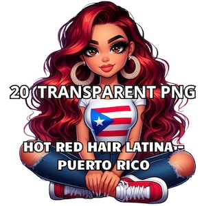 May include: A digital illustration of a woman with long, red hair wearing a white t-shirt with the Puerto Rican flag on it, blue jeans, and red sneakers. The text "20 TRANSPARENT PNG HOT RED HAIR LATINA - PUERTO RICO" is at the bottom of the image.