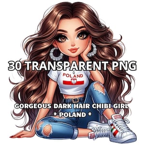 Gorgeous Dark Hair Chibi Girl-Poland,30 PNG, Polish Girl Png, Poland Png, Polish Pride Png, Poland Clipart, Chibi Girl Png,Proud Polish Girl