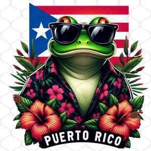 May include: A green frog wearing sunglasses and a tropical print shirt, with hibiscus flowers on either side. The frog is in front of the Puerto Rican flag, with the text "PUERTO RICO" below.