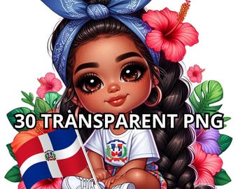 Chibi Cute Dominican Republic Baby Girl Png, 30 Png, Dominican Republic Png, Chibi Girl Clipart, Chibi Girl Png, Caribbean Girl Clipart
