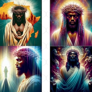 May include: A digital art collage of four images depicting a Black man with a crown of thorns. Each image has a different background and lighting. The first image shows the man against a yellow and orange background with a silhouette of Africa behind him. The second image shows the man against a colorful, starry background. The third image shows the man against a blue and white background with a bright light behind him. The fourth image shows the man against a dark, smoky background.