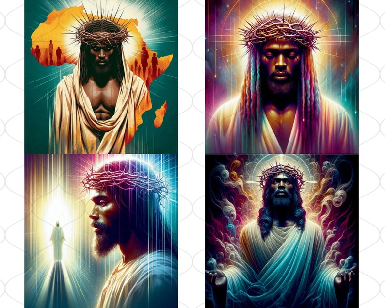 May include: A digital art collage of four images depicting a Black man with a crown of thorns. Each image has a different background and lighting. The first image shows the man against a yellow and orange background with a silhouette of Africa behind him. The second image shows the man against a colorful, starry background. The third image shows the man against a blue and white background with a bright light behind him. The fourth image shows the man against a dark, smoky background.