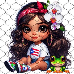 May include: A cartoon girl with long brown hair, wearing a red bandana, white shirt with the Puerto Rican flag, blue denim shorts, and white sneakers. She is holding a green frog with large eyes.