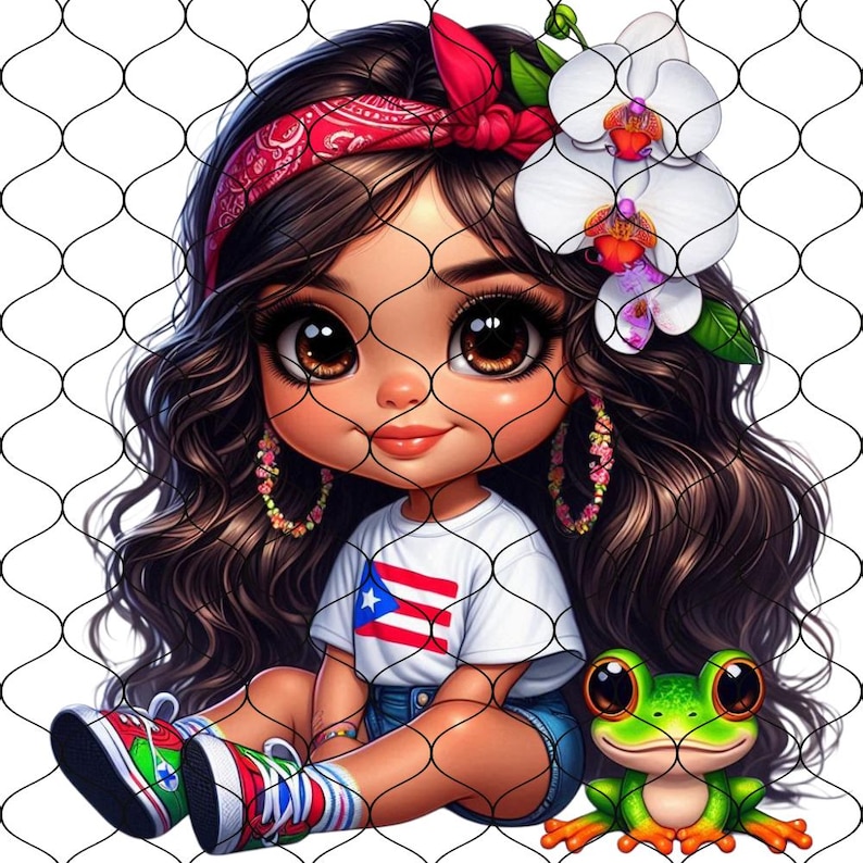 May include: A cartoon girl with long brown hair, wearing a red bandana, white shirt with the Puerto Rican flag, blue denim shorts, and white sneakers. She is holding a green frog with large eyes.