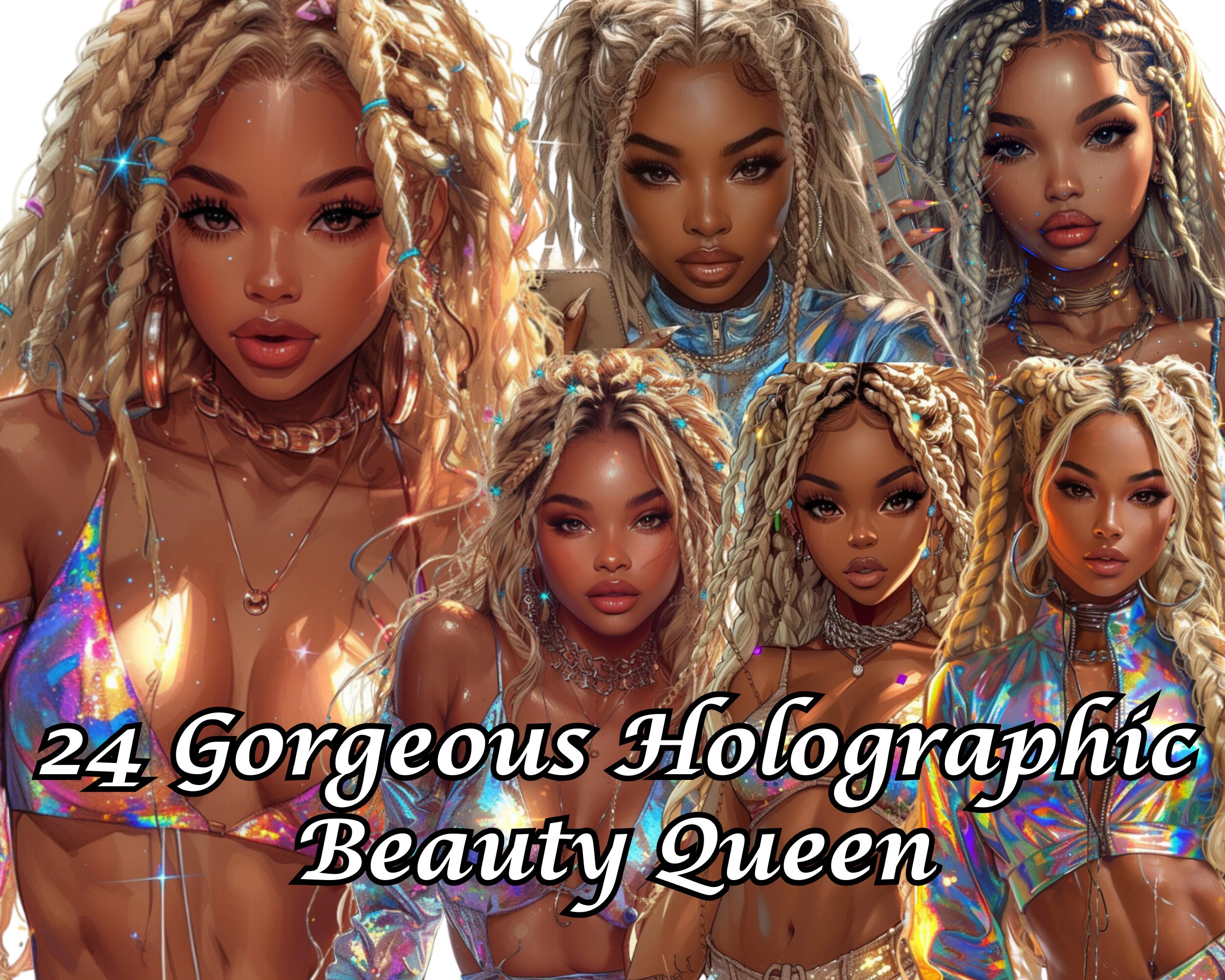 Gorgeous Holographic Beauty Queen, 24 Png, Melanin Queen Png, Black Women Clipart, Black Girl Magic Png, Afro Girl Png, Black Girl Clipart