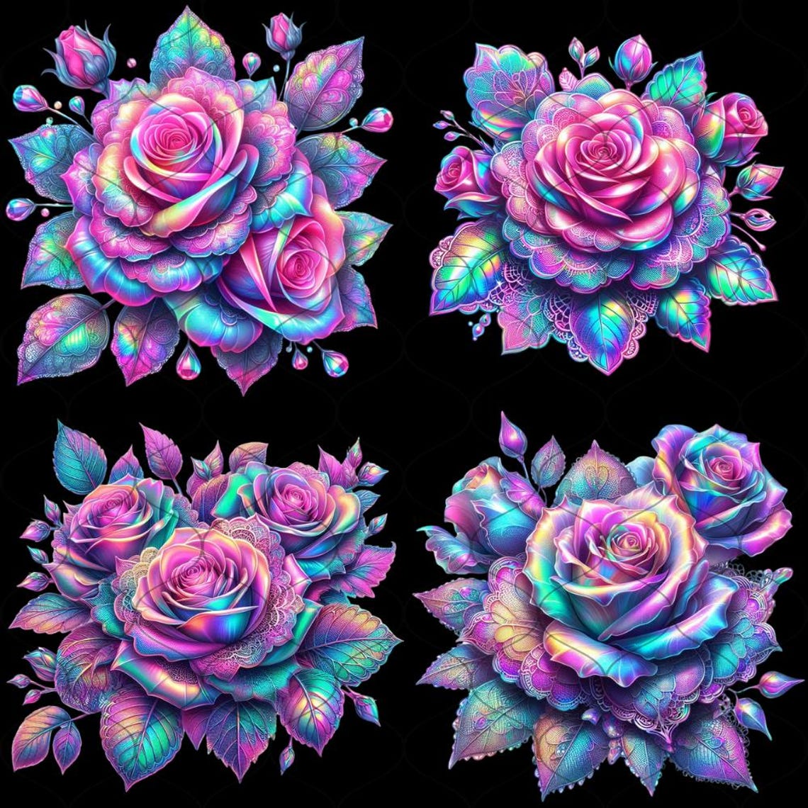 Iridescent Roses Iridescent Holographic Roses Lace Leaves, 35 PNG, Roses Clipart, Roses ...
