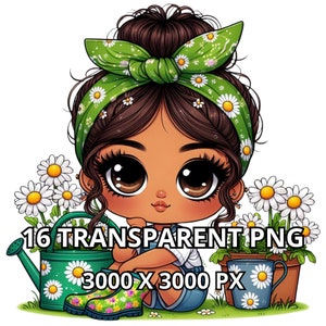 Chibi Cute Latina Baby Girl Gardener, 16 Png, Margaridas Png, Latina Princess Clipart, Hispanic Girl Png, Chibi Girl Clipart, Chibi Girl Png