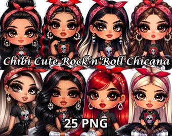 Chibi Cute Rock'n'Roll Chicana, 25 PNG, Chicana Clipart,Chibi Dolls Png,Chibi Girl Png,Latina Woman Png,Latina Clipart,Chicana Png,Chibi Png