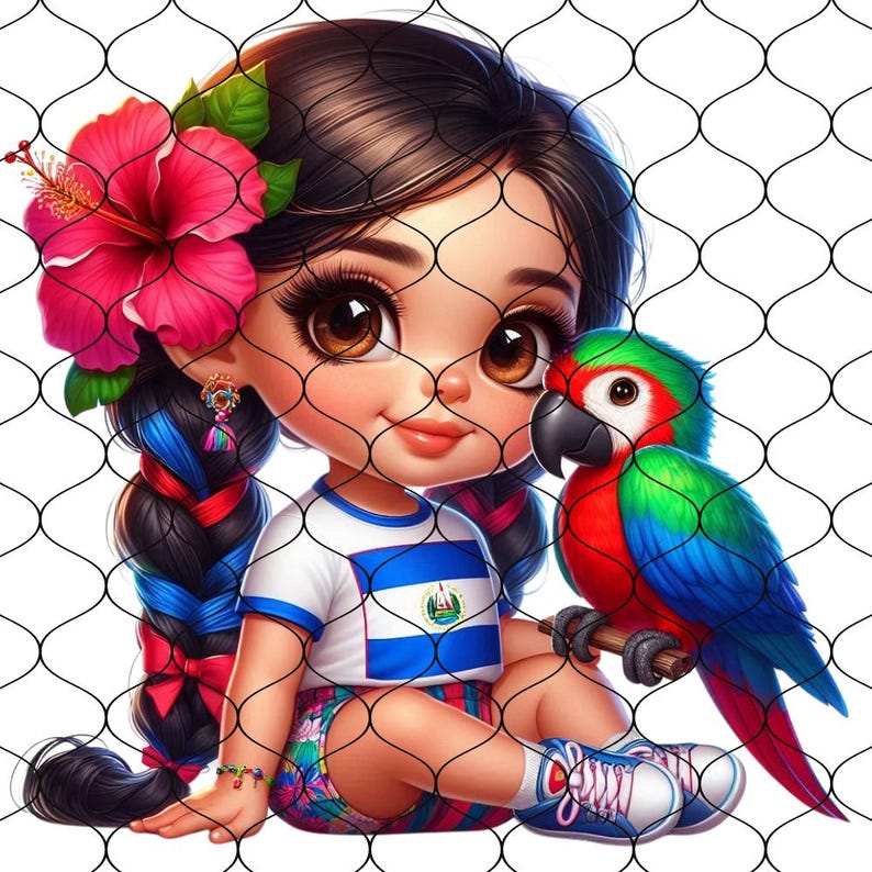 Puede incluir: Una ni&ntilde;a de dibujos animados con largas trenzas negras, que lleva una camisa blanca con la bandera de El Salvador, se sienta con un loro rojo, verde y azul. La ni&ntilde;a tiene una flor de hibisco rosa en el pelo y lleva una falda colorida.