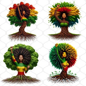 K&ouml;nnte beinhalten: Vier Illustrationen von Frauen mit baumartigen K&ouml;rpern und farbenfrohen Afro-Haaren. Jede Figur hat eine erhobene Faust und tr&auml;gt gr&uuml;ne, gelbe und rote Kleidung. Das Kunstwerk zeigt einen wei&szlig;en Hintergrund mit einem subtilen, sich wiederholenden Muster.