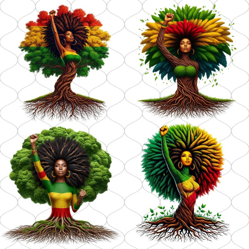 K&ouml;nnte beinhalten: Vier Illustrationen von Frauen mit baumartigen K&ouml;rpern und farbenfrohen Afro-Haaren. Jede Figur hat eine erhobene Faust und tr&auml;gt gr&uuml;ne, gelbe und rote Kleidung. Das Kunstwerk zeigt einen wei&szlig;en Hintergrund mit einem subtilen, sich wiederholenden Muster.