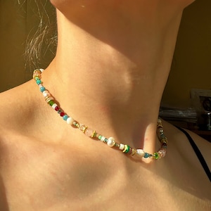 Colorful Pearl and Gemstone Necklace, Beachy Gem choker, Natural Pearl Necklace, Rainbow Gemstone necklace