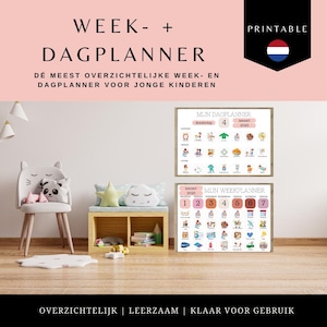 Wochenplaner Kind Niederländisch | Tagesplaner für Vorschulkinder und Kleinkinder | Tagesrhythmuskarten | Montessori-Pädagogik | Rosa Planer für Mädchen