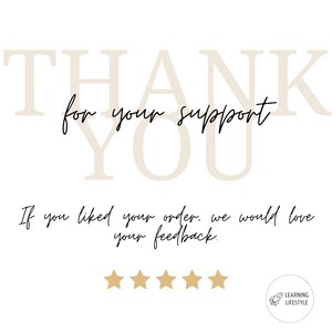 May include: Thank you for your support. If you liked your order, we would love your feedback. Five gold stars are shown below the text. A rocket ship logo with the text "Learning Lifestyle" is in the bottom right corner.